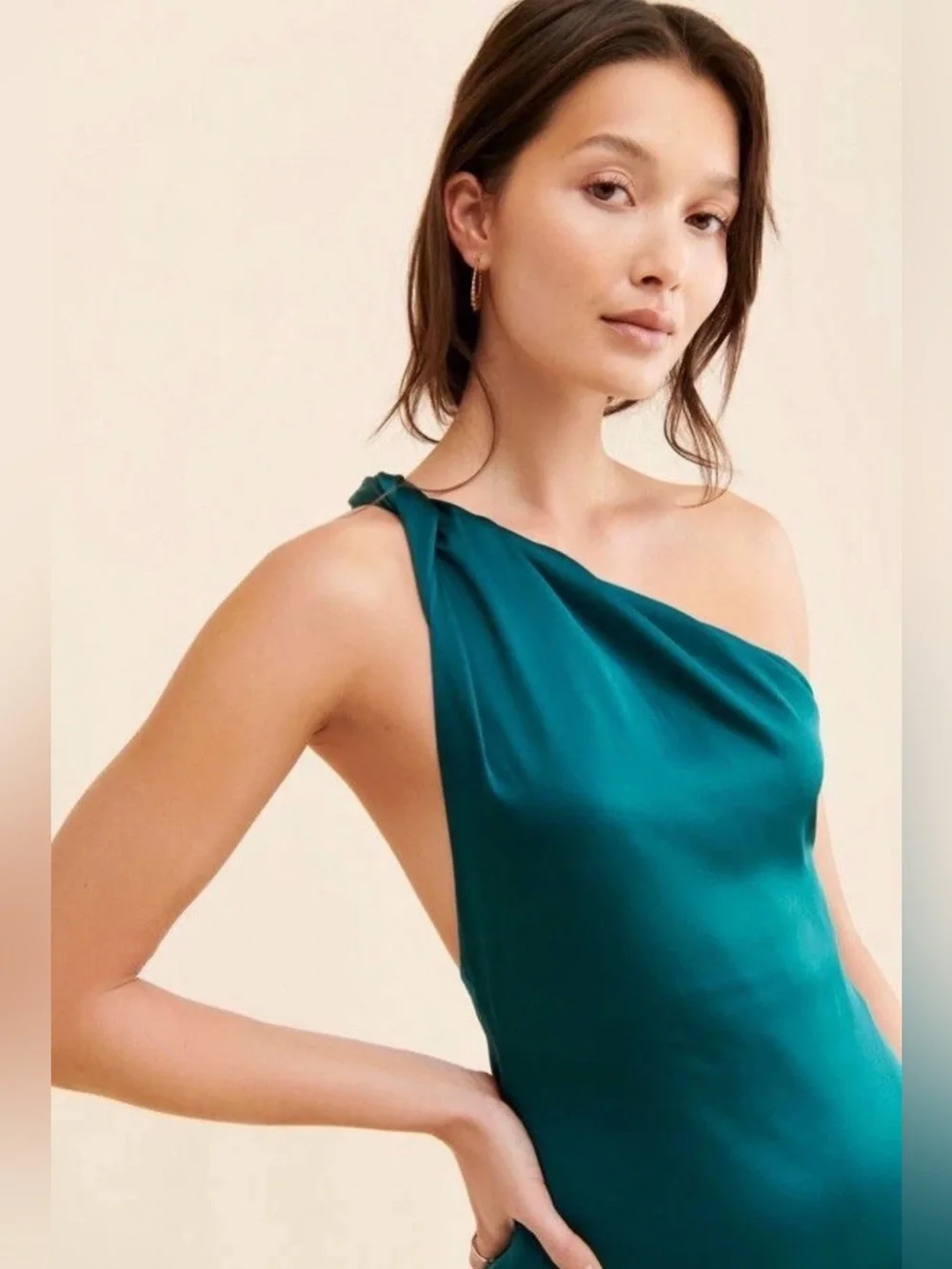Free People Victoria Green Twist One Shoulder Satin Maxi Dress Gown Size 16